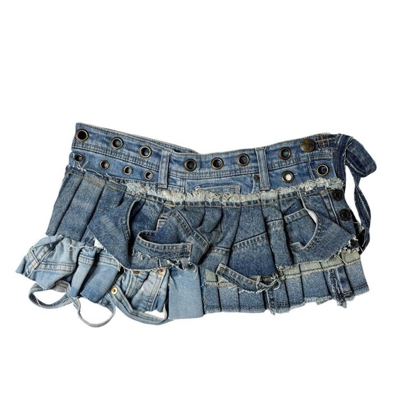 Dresses & Skirts - upcycled denim pleated mini skirt-belt